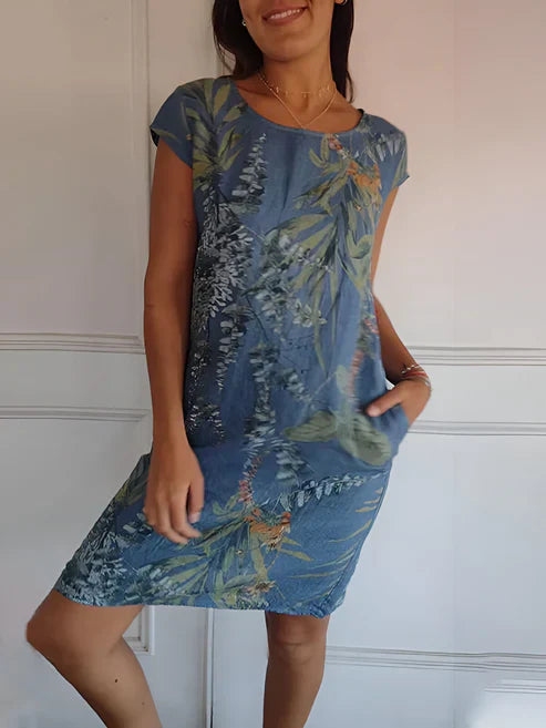 Cyralie Summer Dress | Tropical Print Short-Sleeve Casual Dress with Pockets
