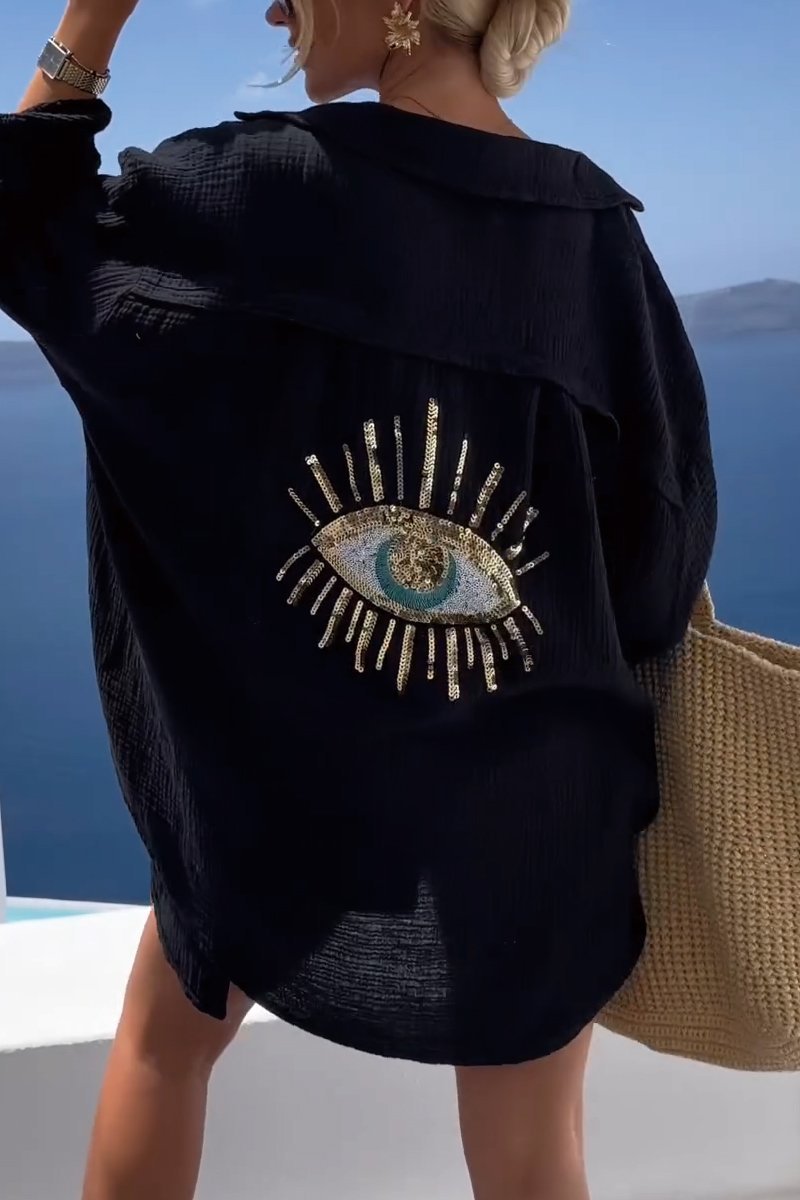 Yasheera Sequin Shirt | Women’s Evil Eye Sequin Shirt with Relaxed Fit