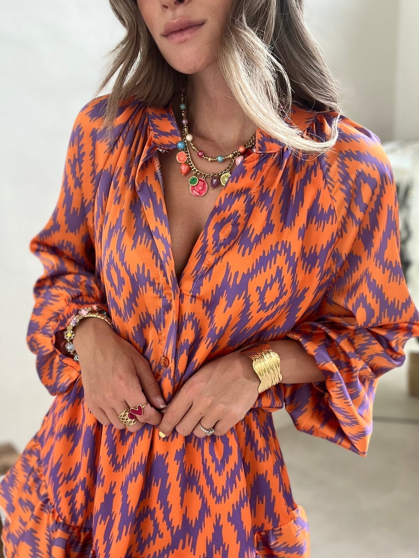 Doreyra Two-Piece Set | Ikat Print Blouse with Ruffled High-Waisted Shorts in Bold Summer Colors