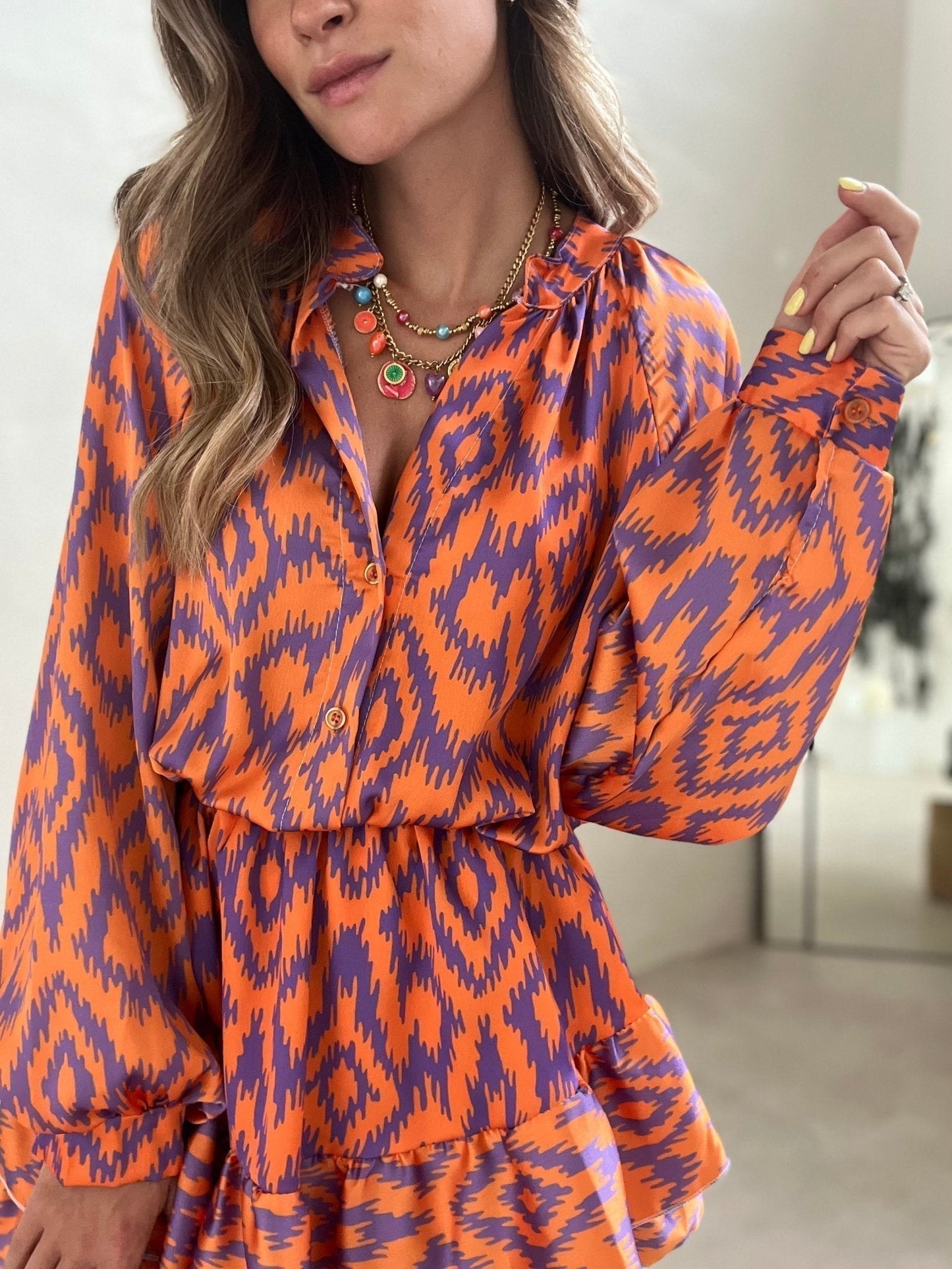 Doreyra Two-Piece Set | Ikat Print Blouse with Ruffled High-Waisted Shorts in Bold Summer Colors