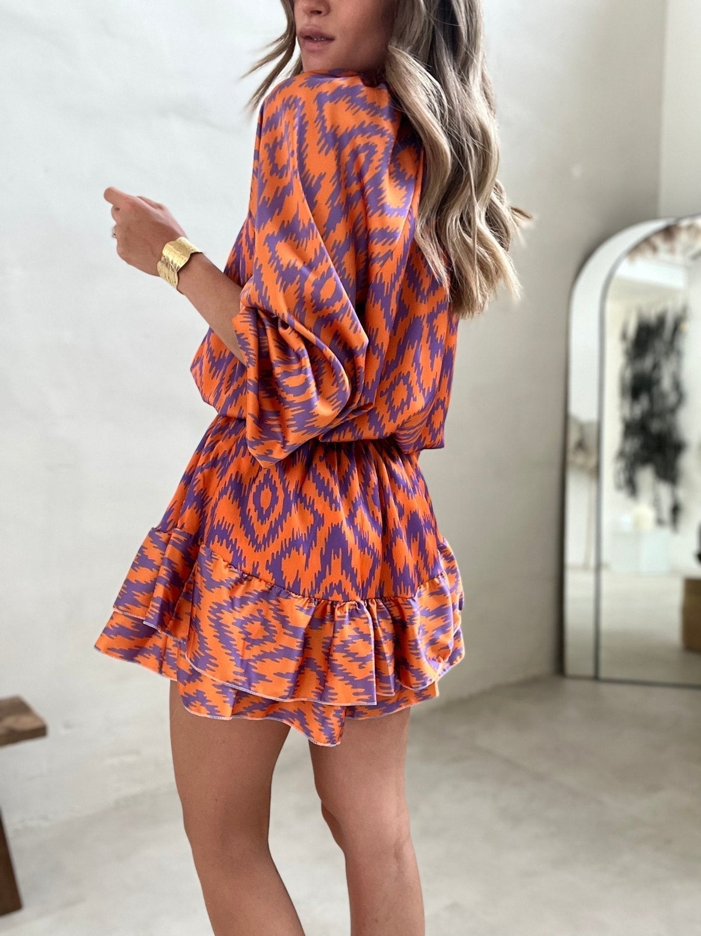 Doreyra Two-Piece Set | Ikat Print Blouse with Ruffled High-Waisted Shorts in Bold Summer Colors