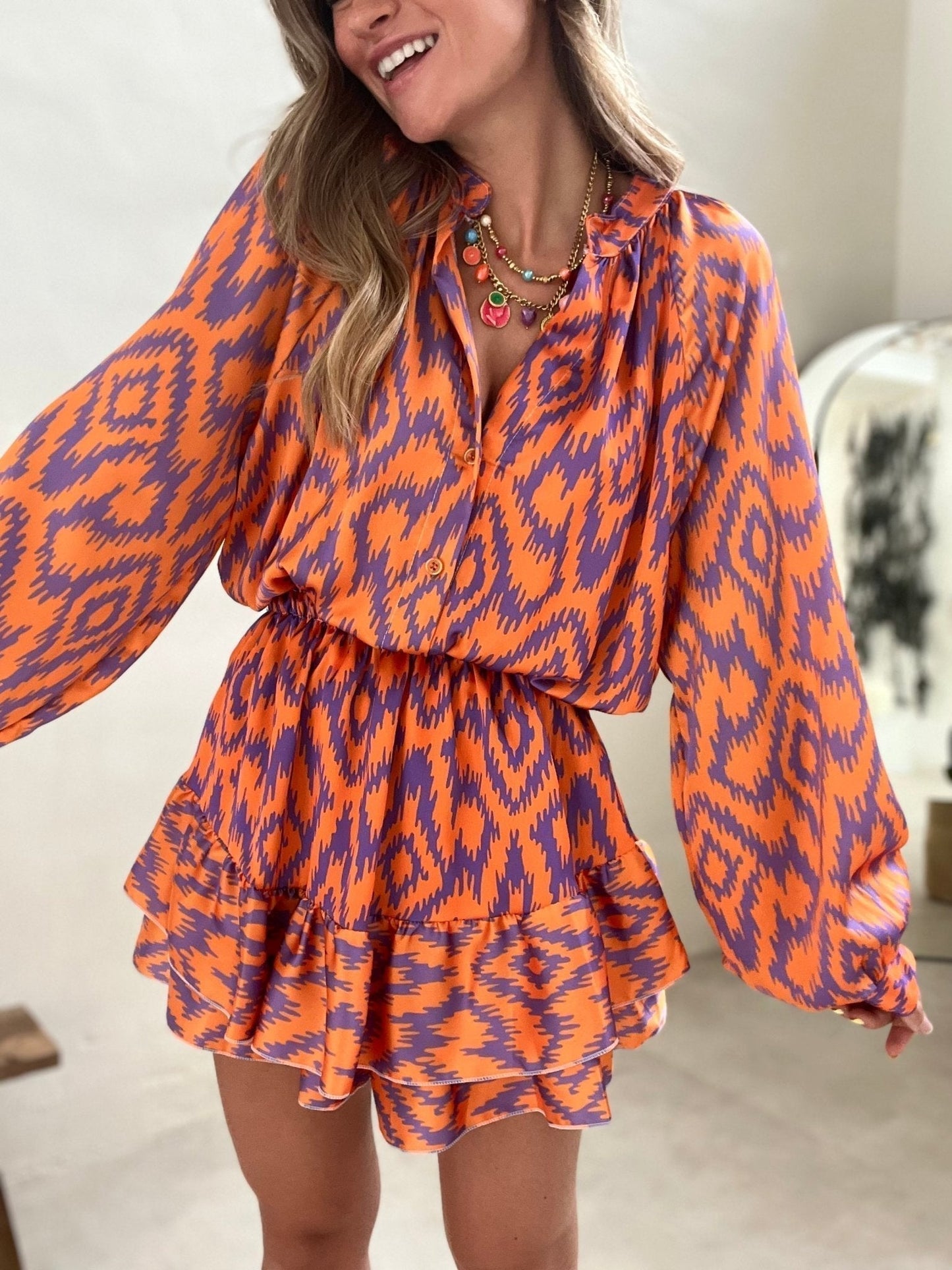 Doreyra Two-Piece Set | Ikat Print Blouse with Ruffled High-Waisted Shorts in Bold Summer Colors