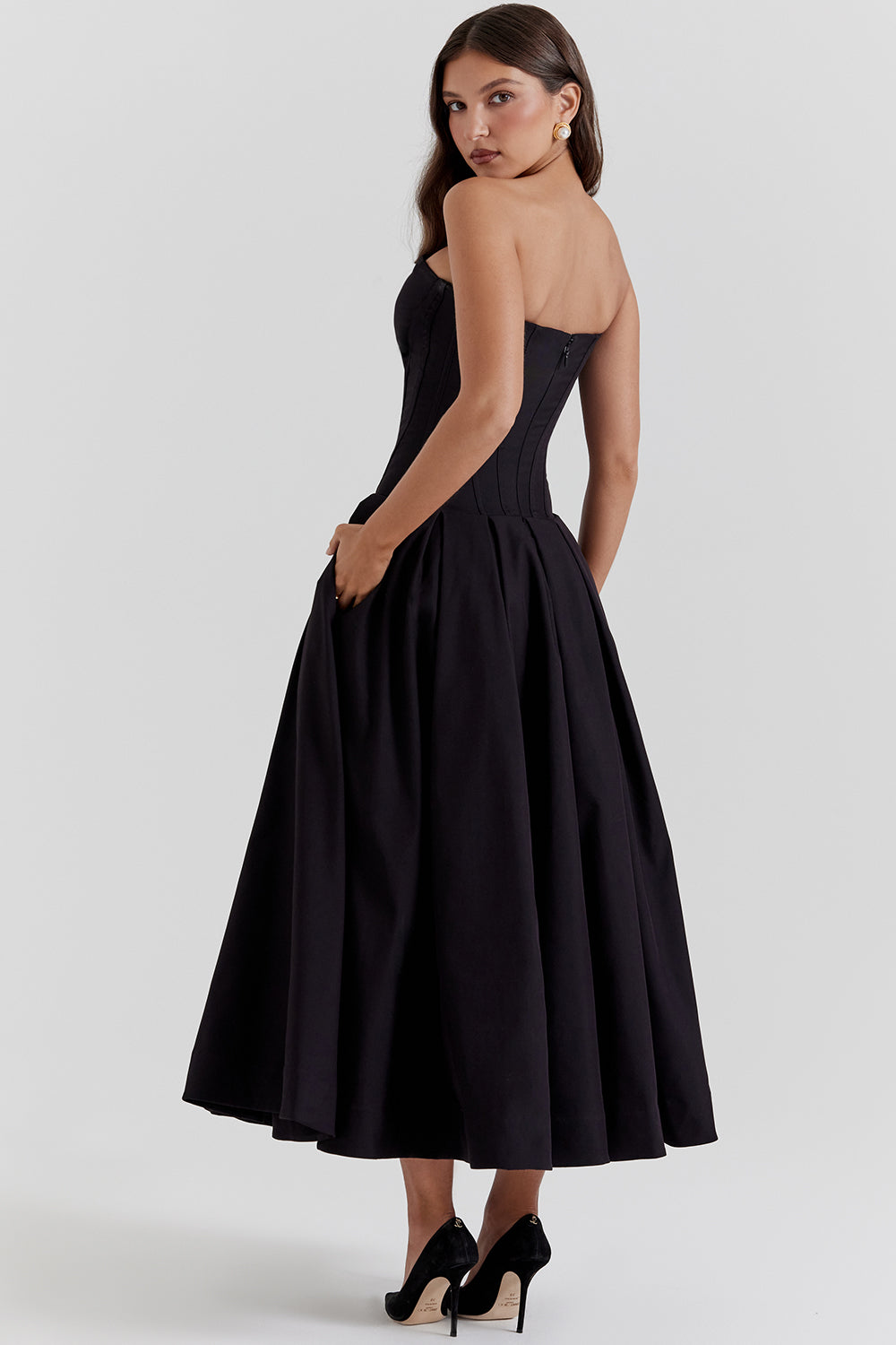 Beryl Dress | Strapless Midi Dress for Women with Fitted Bodice and Flowy Skirt