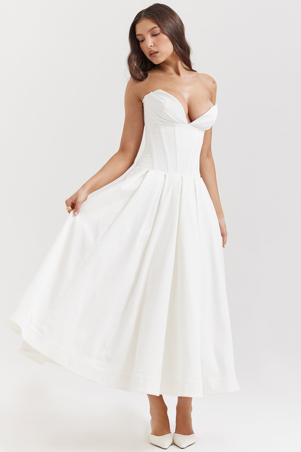 Beryl Dress | Strapless Midi Dress for Women with Fitted Bodice and Flowy Skirt