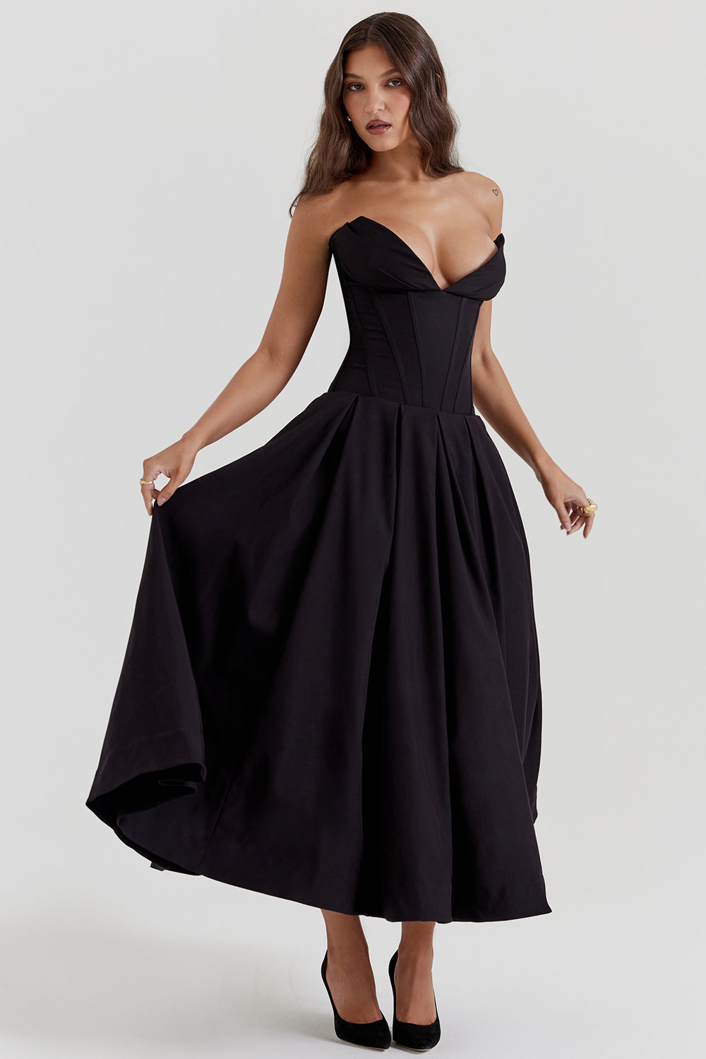 Beryl Dress | Strapless Midi Dress for Women with Fitted Bodice and Flowy Skirt