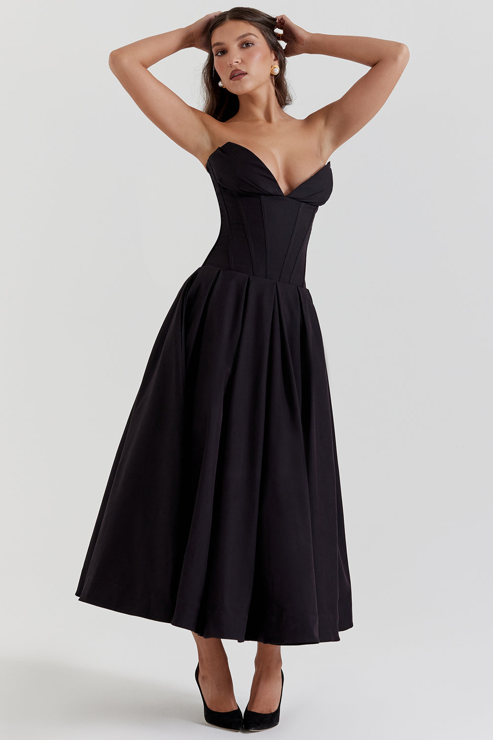 Beryl Dress | Strapless Midi Dress for Women with Fitted Bodice and Flowy Skirt