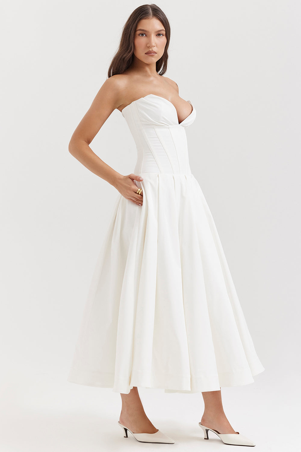 Beryl Dress | Strapless Midi Dress for Women with Fitted Bodice and Flowy Skirt