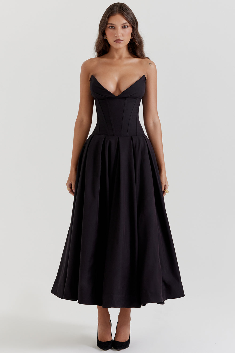 Beryl Dress | Strapless Midi Dress for Women with Fitted Bodice and Flowy Skirt
