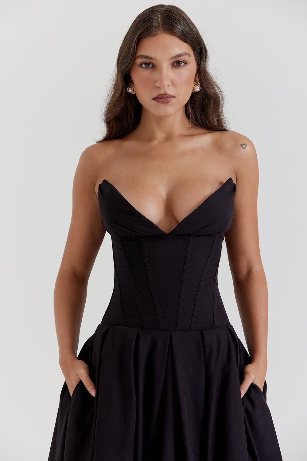 Beryl Dress | Strapless Midi Dress for Women with Fitted Bodice and Flowy Skirt