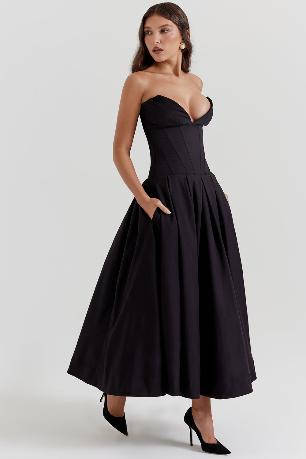 Beryl Dress | Strapless Midi Dress for Women with Fitted Bodice and Flowy Skirt