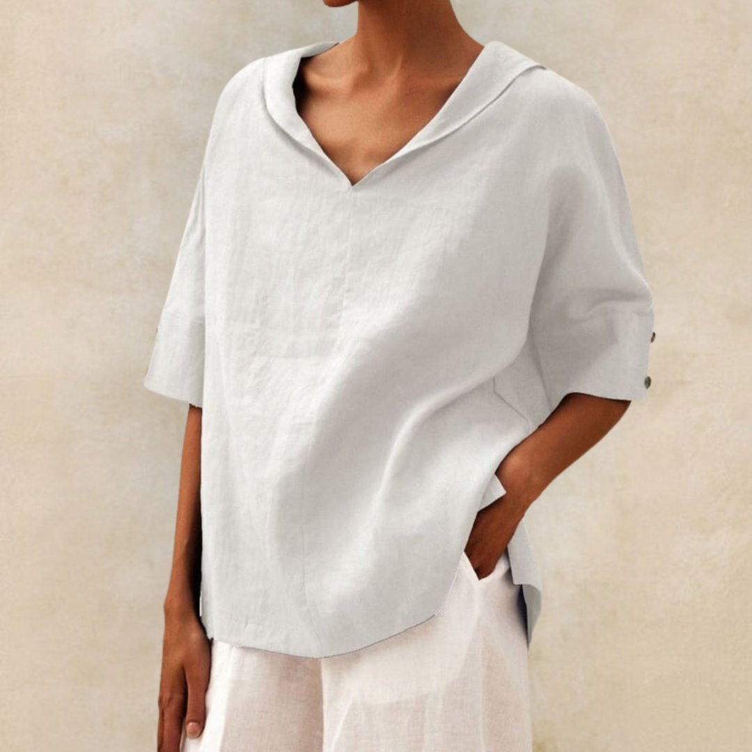 Clyra Linen Blouse | V-Neck Relaxed-Fit Linen Shirt with Elbow Sleeves