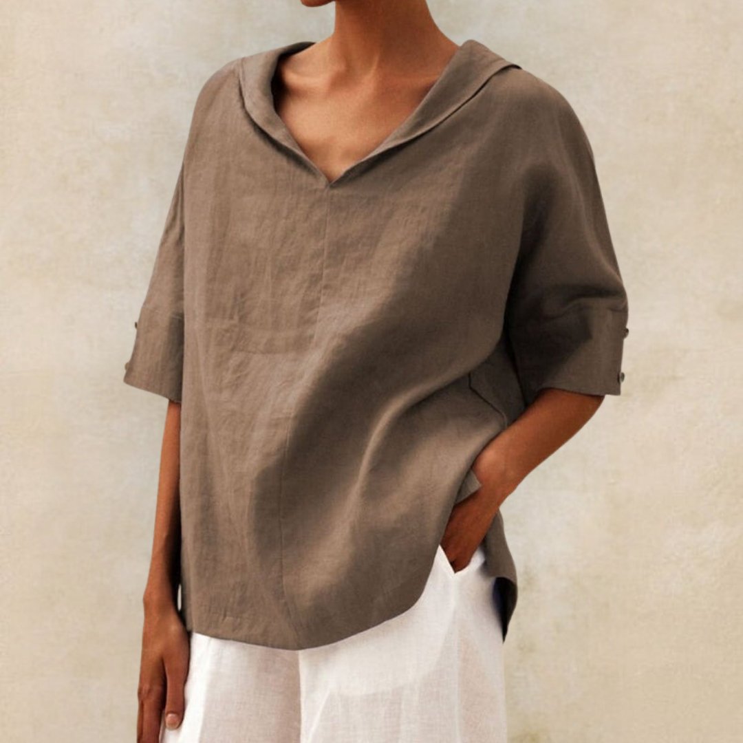 Clyra Linen Blouse | V-Neck Relaxed-Fit Linen Shirt with Elbow Sleeves