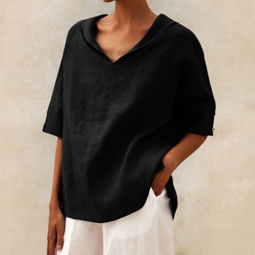 Clyra Linen Blouse | V-Neck Relaxed-Fit Linen Shirt with Elbow Sleeves