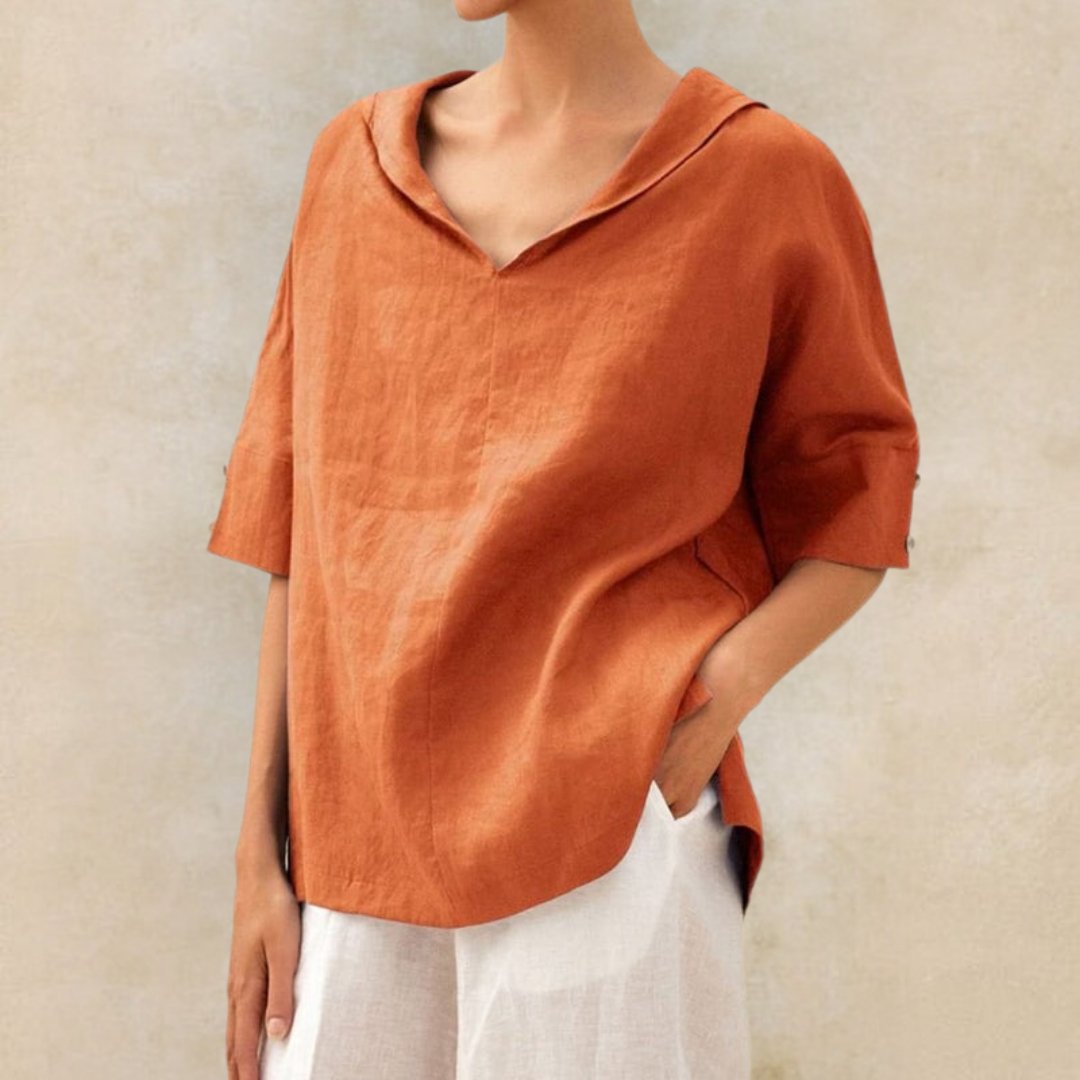 Clyra Linen Blouse | V-Neck Relaxed-Fit Linen Shirt with Elbow Sleeves