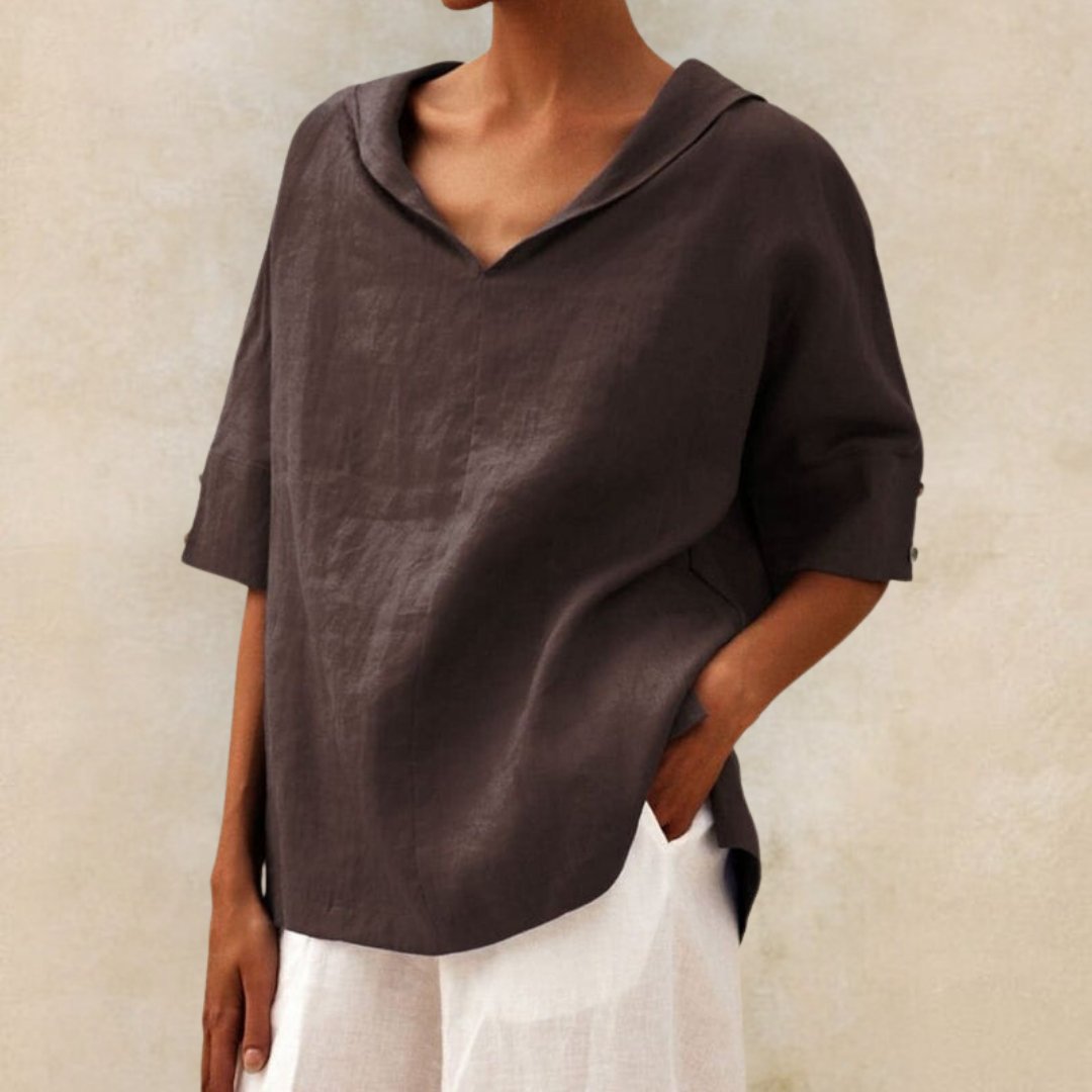 Clyra Linen Blouse | V-Neck Relaxed-Fit Linen Shirt with Elbow Sleeves