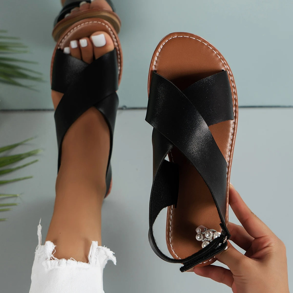 Bibiana Sandals | Women’s Leather Buckle Sandals with Flat Sole