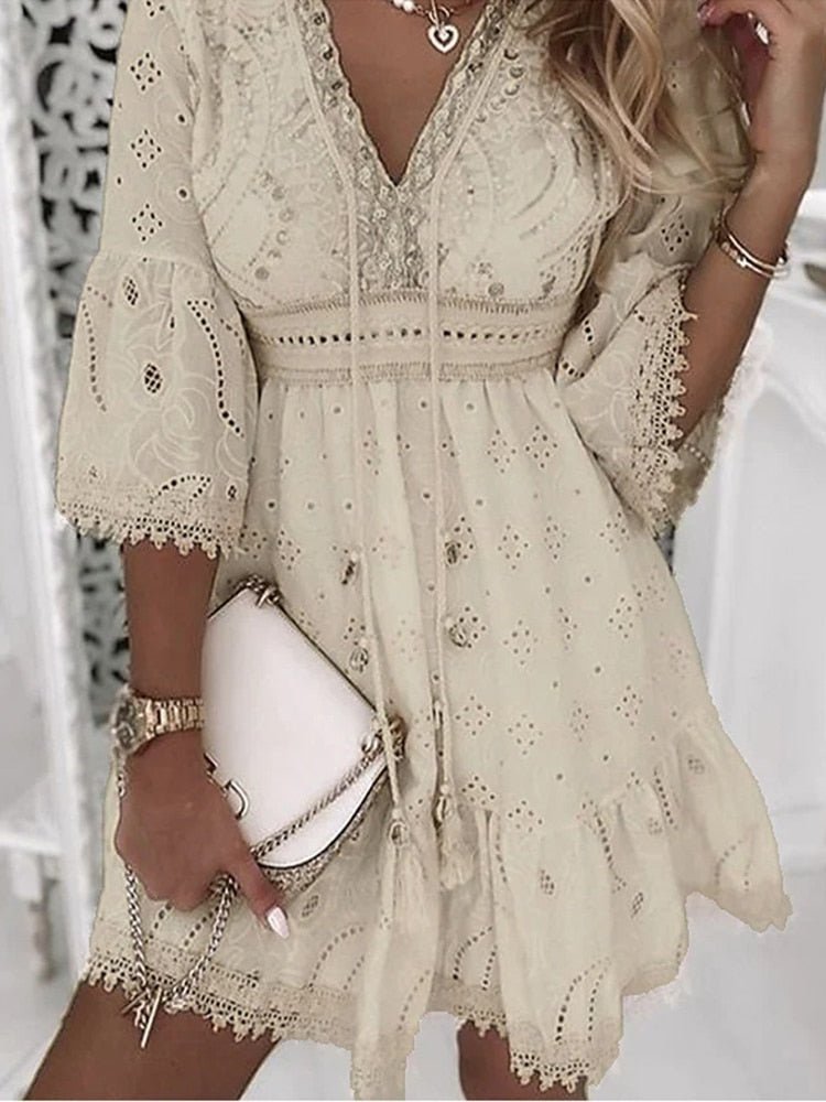 Corvella Boho Dress | Embroidered Lace V-Neck Mini Dress with Bell Sleeves for Women