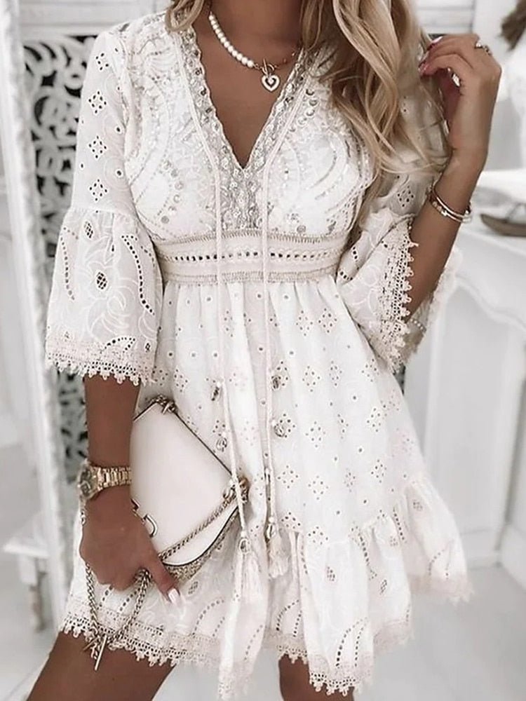 Corvella Boho Dress | Embroidered Lace V-Neck Mini Dress with Bell Sleeves for Women