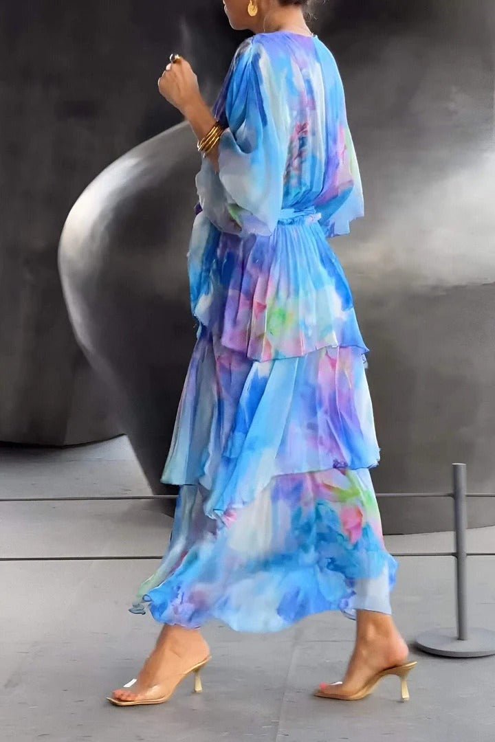 Cyrelia Maxi Dress | Watercolor Floral Chiffon Dress with V-Neck, Waist Tie & Layered Skirt