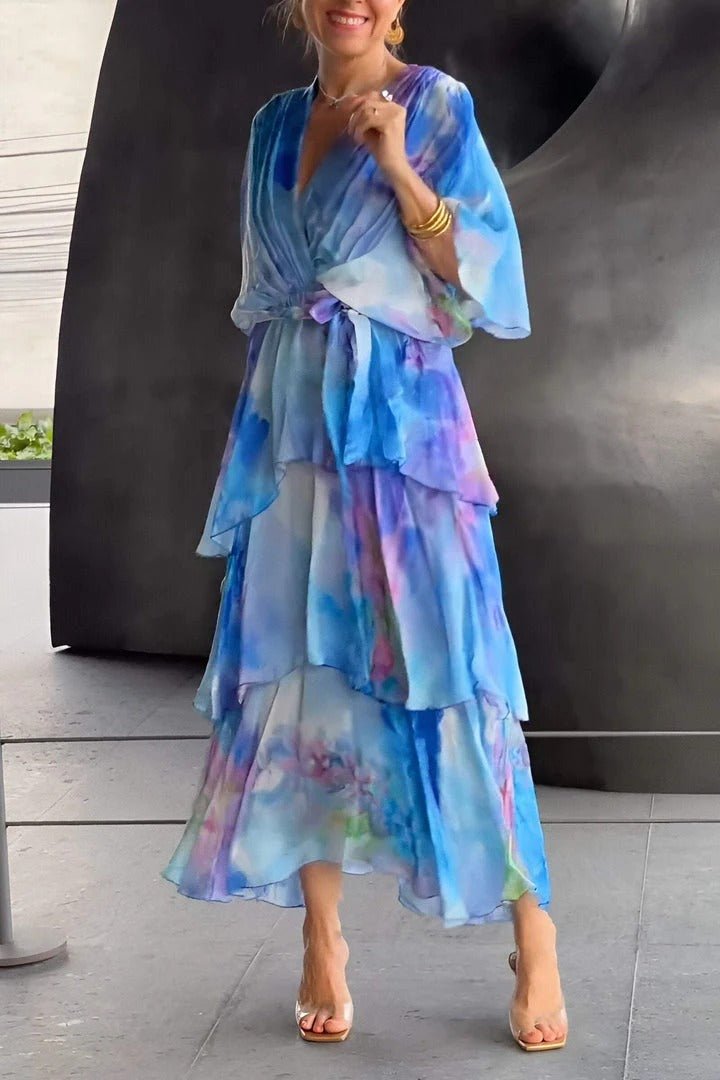 Cyrelia Maxi Dress | Watercolor Floral Chiffon Dress with V-Neck, Waist Tie & Layered Skirt
