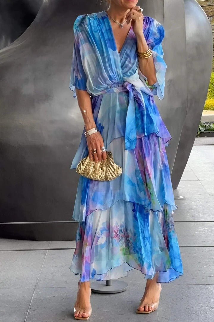 Cyrelia Maxi Dress | Watercolor Floral Chiffon Dress with V-Neck, Waist Tie & Layered Skirt