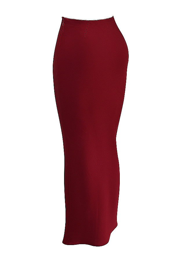 Bianca Two-Piece Set | Ruby Red Lace-Back Corset and Asymmetrical Satin Maxi Skirt