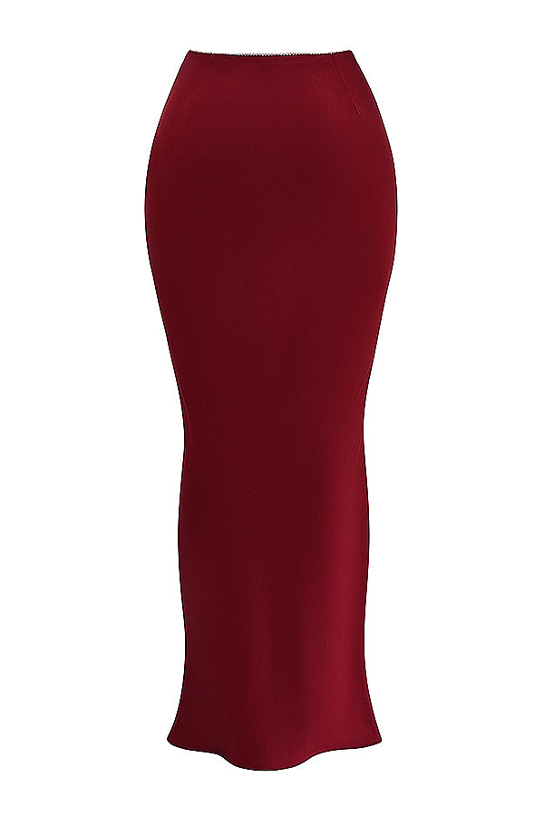 Bianca Two-Piece Set | Ruby Red Lace-Back Corset and Asymmetrical Satin Maxi Skirt