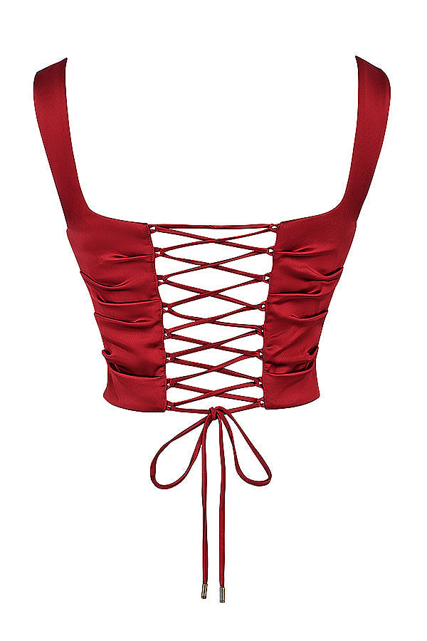 Bianca Two-Piece Set | Ruby Red Lace-Back Corset and Asymmetrical Satin Maxi Skirt