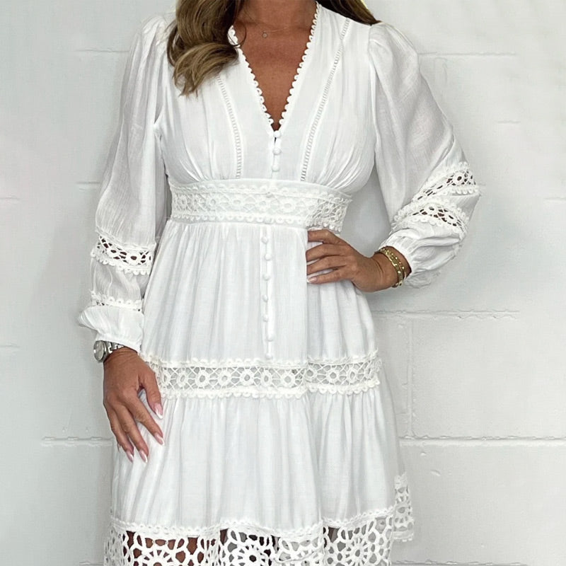 Fressia Dress | Women’s V-Neck Lace Dress with Short Sleeves and Elegant Fit