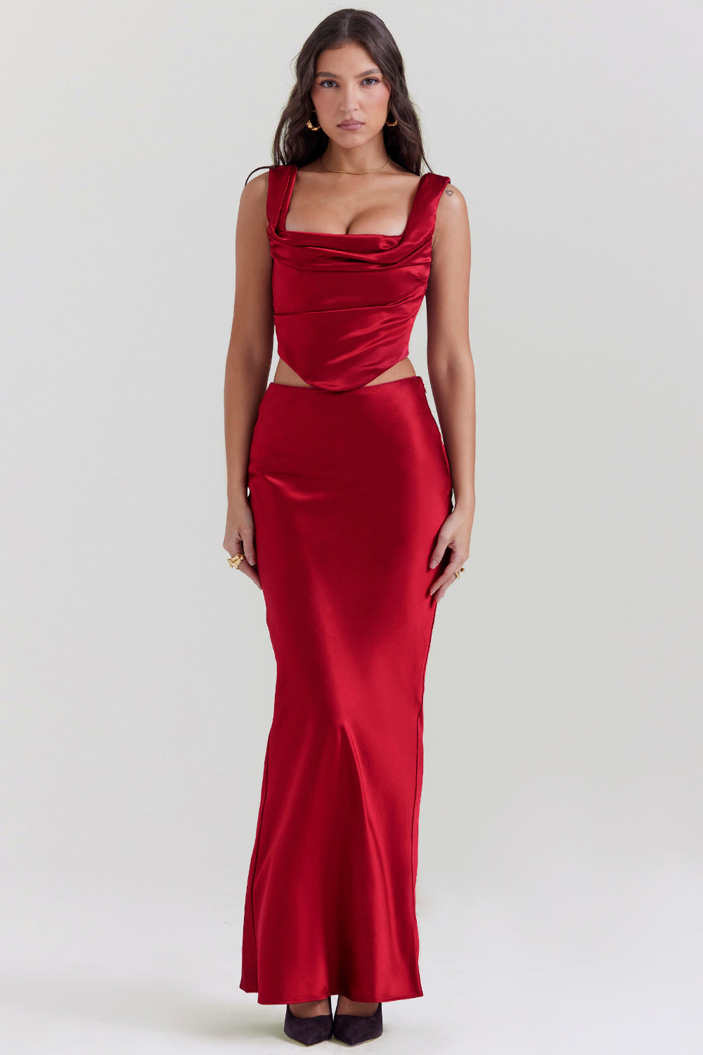 Bianca Two-Piece Set | Ruby Red Lace-Back Corset and Asymmetrical Satin Maxi Skirt