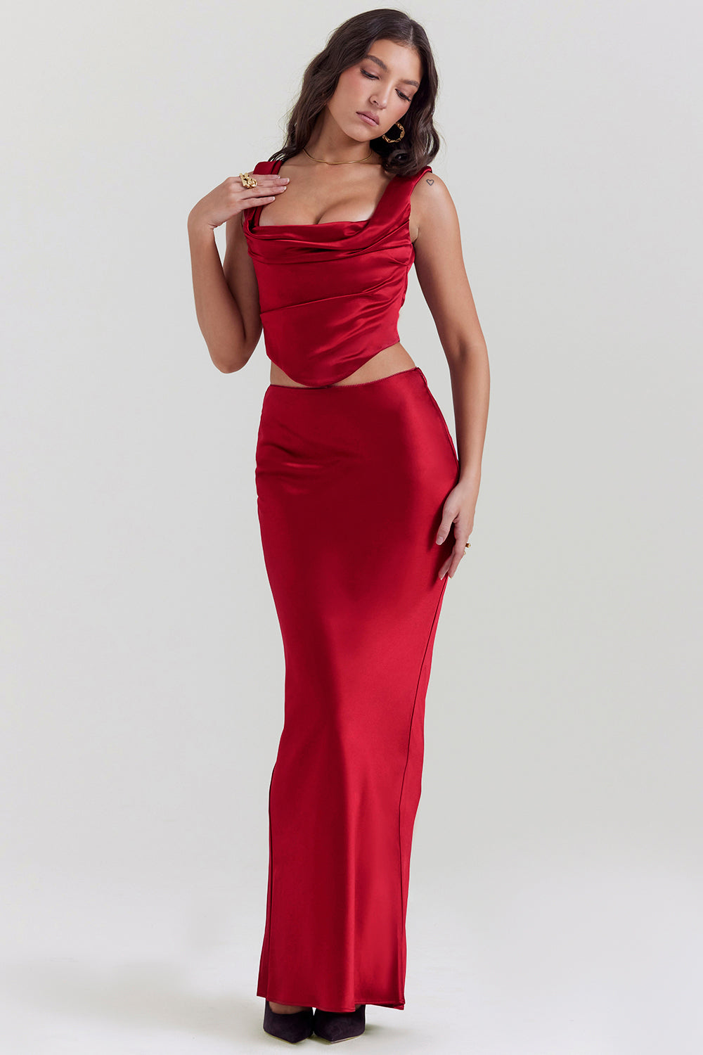 Bianca Two-Piece Set | Ruby Red Lace-Back Corset and Asymmetrical Satin Maxi Skirt