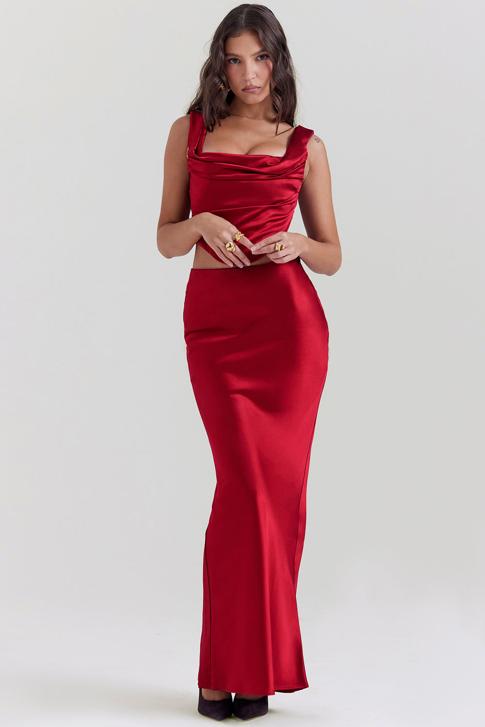 Bianca Two-Piece Set | Ruby Red Lace-Back Corset and Asymmetrical Satin Maxi Skirt