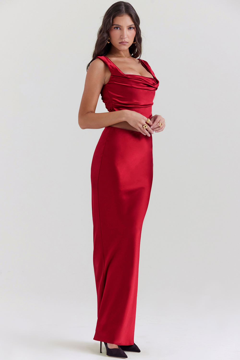 Bianca Two-Piece Set | Ruby Red Lace-Back Corset and Asymmetrical Satin Maxi Skirt