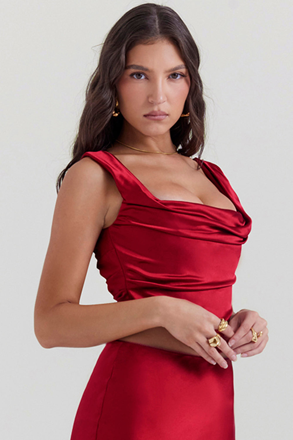 Bianca Two-Piece Set | Ruby Red Lace-Back Corset and Asymmetrical Satin Maxi Skirt