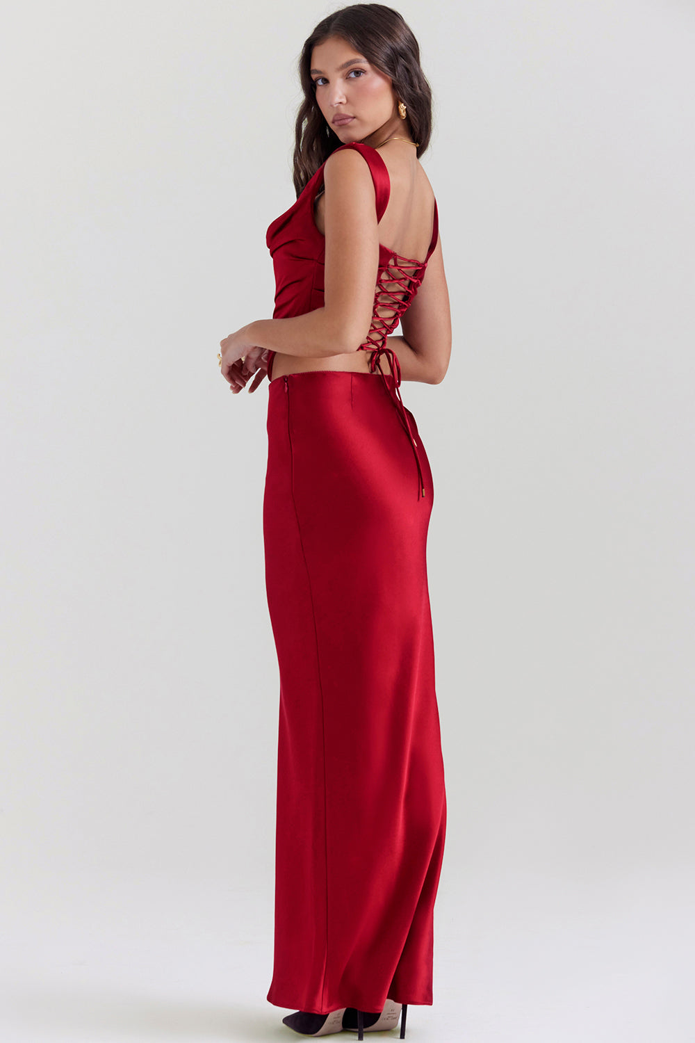Bianca Two-Piece Set | Ruby Red Lace-Back Corset and Asymmetrical Satin Maxi Skirt