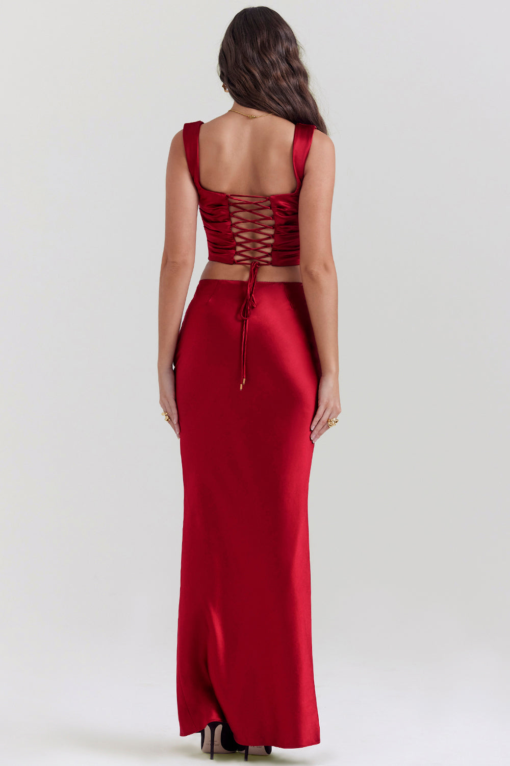 Bianca Two-Piece Set | Ruby Red Lace-Back Corset and Asymmetrical Satin Maxi Skirt