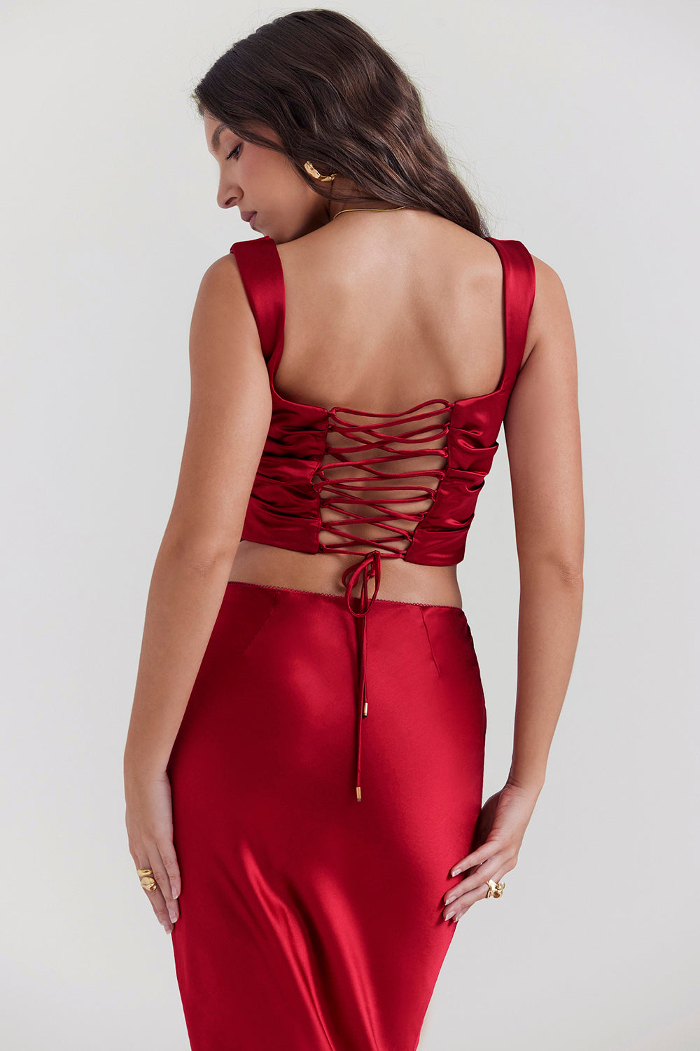 Bianca Two-Piece Set | Ruby Red Lace-Back Corset and Asymmetrical Satin Maxi Skirt