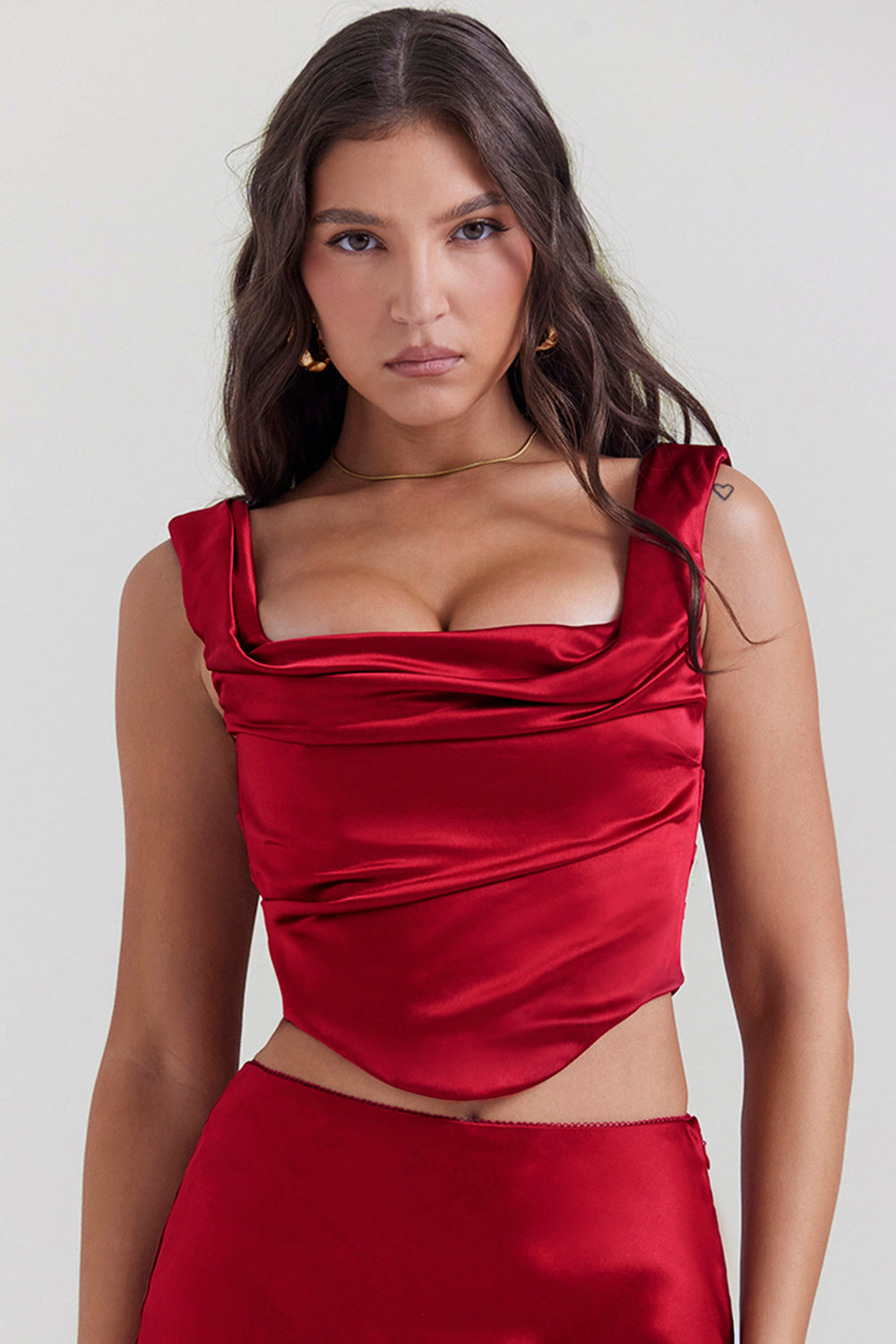 Bianca Two-Piece Set | Ruby Red Lace-Back Corset and Asymmetrical Satin Maxi Skirt
