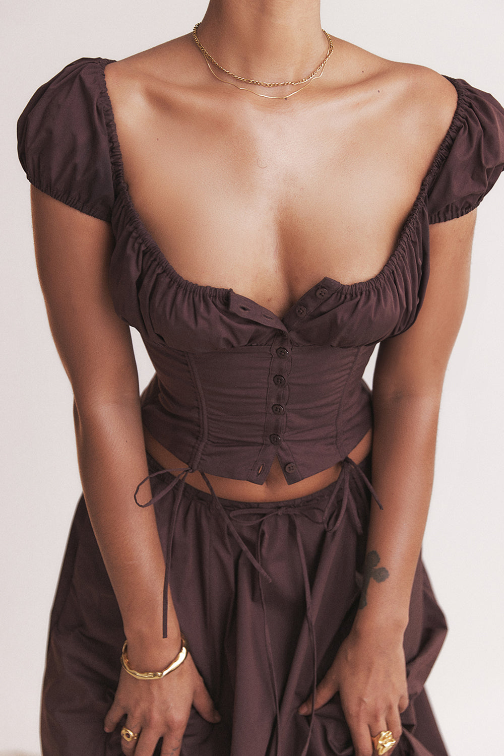 Bayla Two-Piece Set | Women’s Rich Brown Ruffle Top and Midi Skirt with Feminine Flow