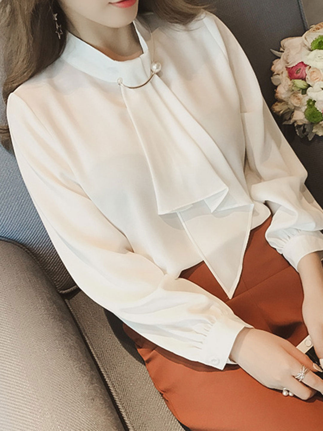 Julissa Blouse | French Style Pearl Accent Bow Blouse