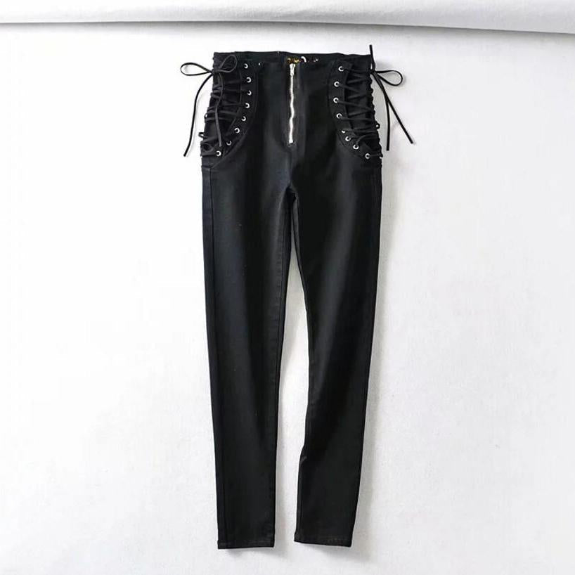 Inez Jeans | Vintage High-Waist Lace-Up Skinny Jeans for Women