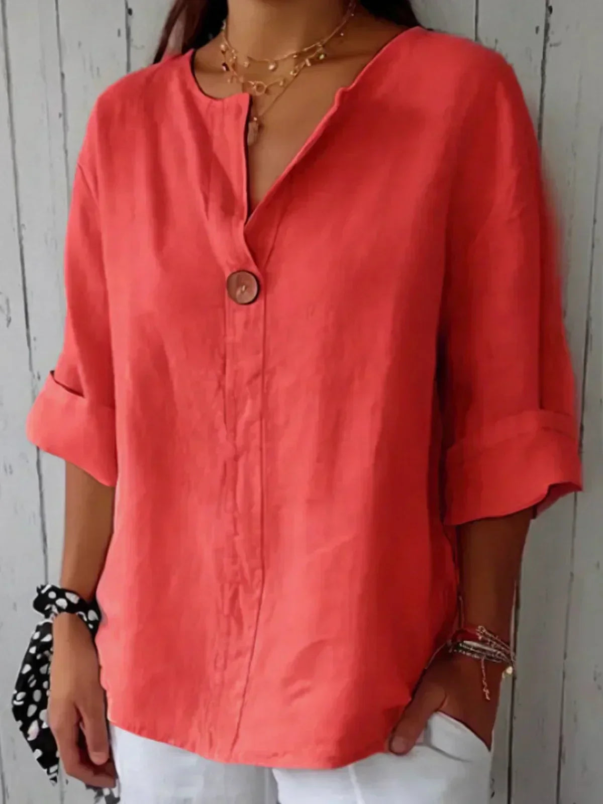Elenya Blouse | Lightweight Linen-Look Blouse with V-Neck and Single Button Detail