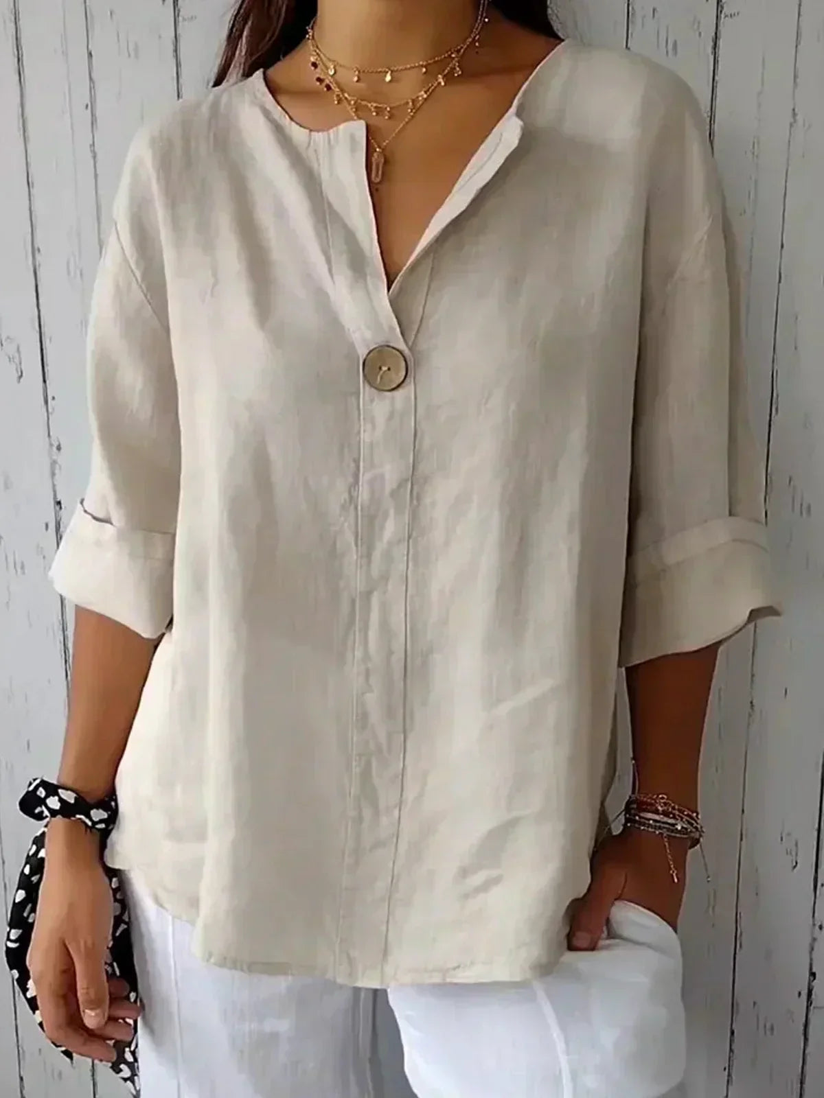 Elenya Blouse | Lightweight Linen-Look Blouse with V-Neck and Single Button Detail