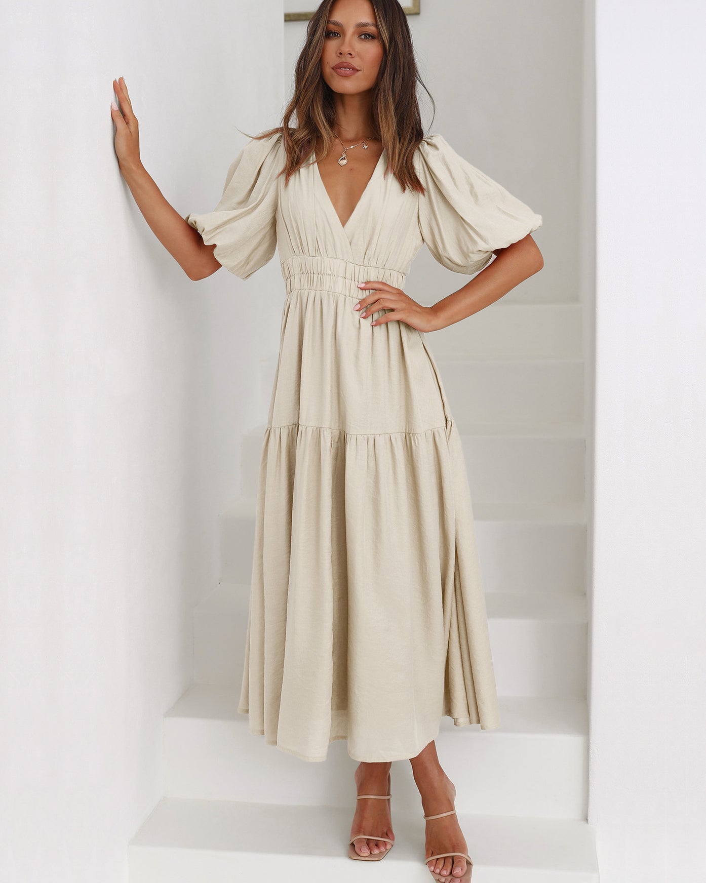 Qiyana Dress | Women's Autumn V-Neck Puff Sleeve Midi Dress