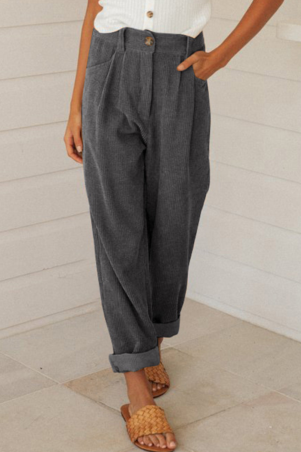 Xena Trousers | Grey Corduroy High Waist Straight Leg Pants