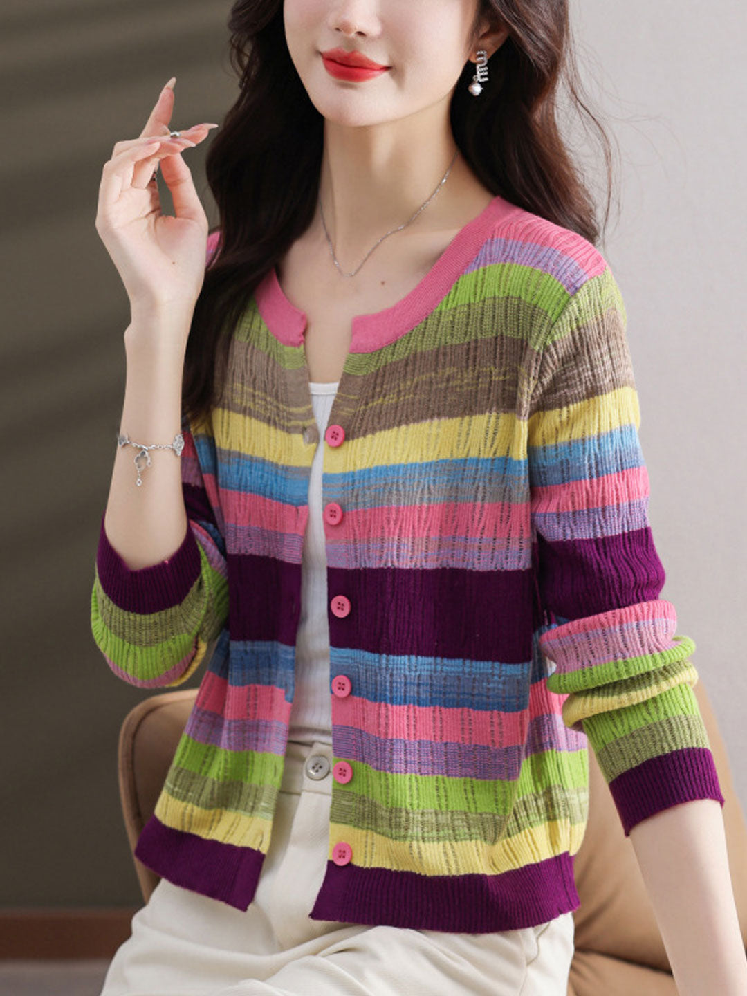 Jalene Women's Striped Knitted Cardigan | Classic Crew Neck Style