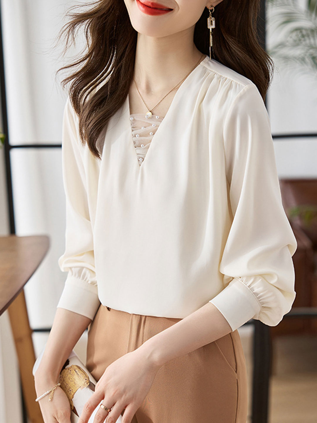 Jillian Blouse | Classic V-Neck Satin Blouse with Pearl Detail