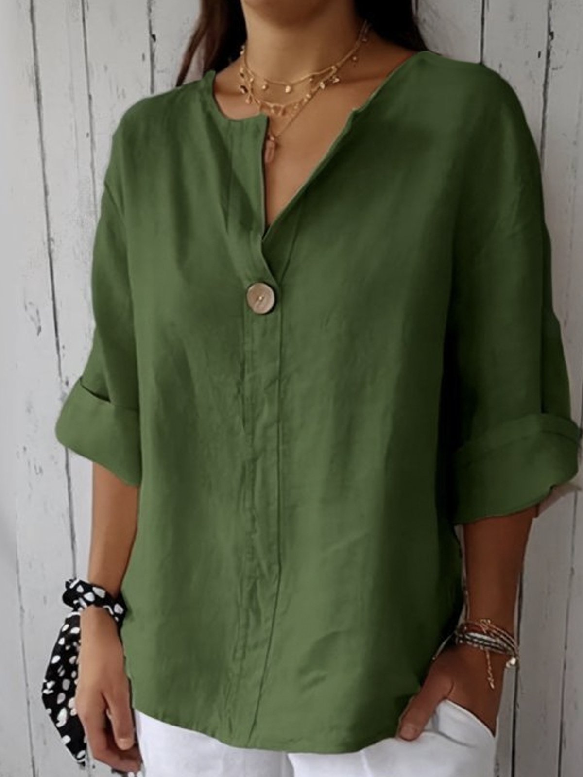 Elenya Blouse | Lightweight Linen-Look Blouse with V-Neck and Single Button Detail