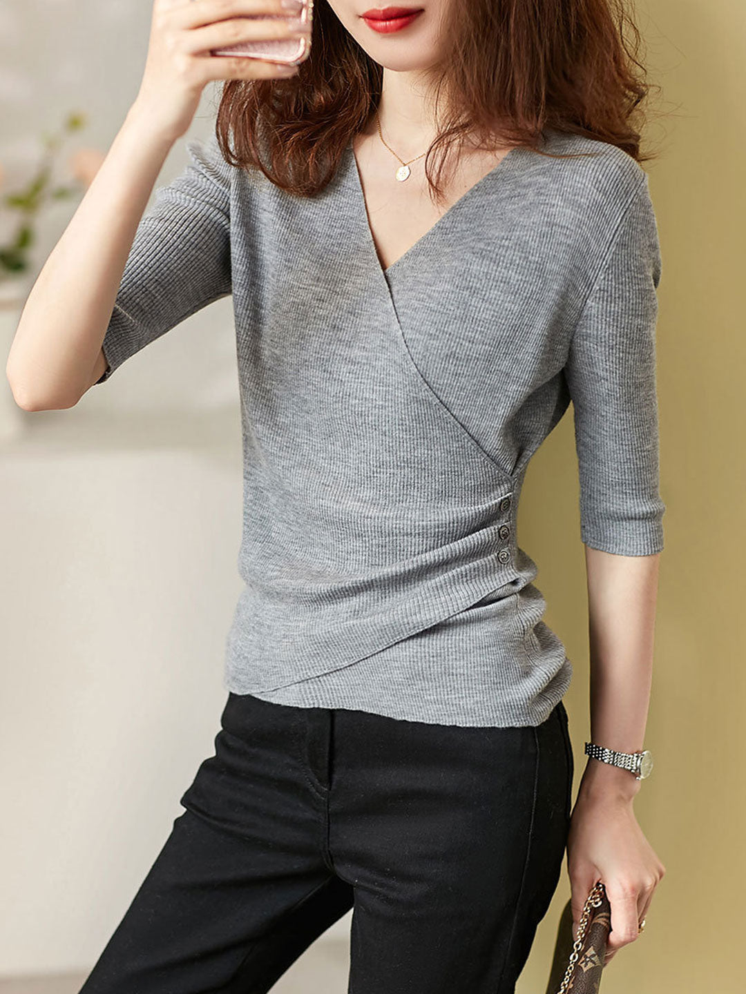 Jeanette Top | Women's Jocelyn Casual V-Neck Solid Color Knitted Top