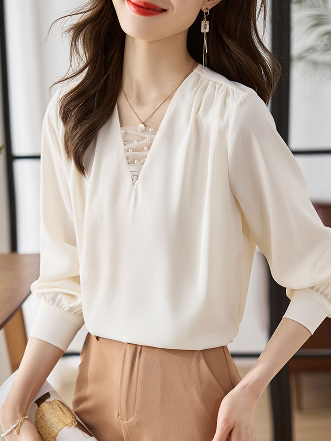 Jillian Blouse | Classic V-Neck Satin Blouse with Pearl Detail